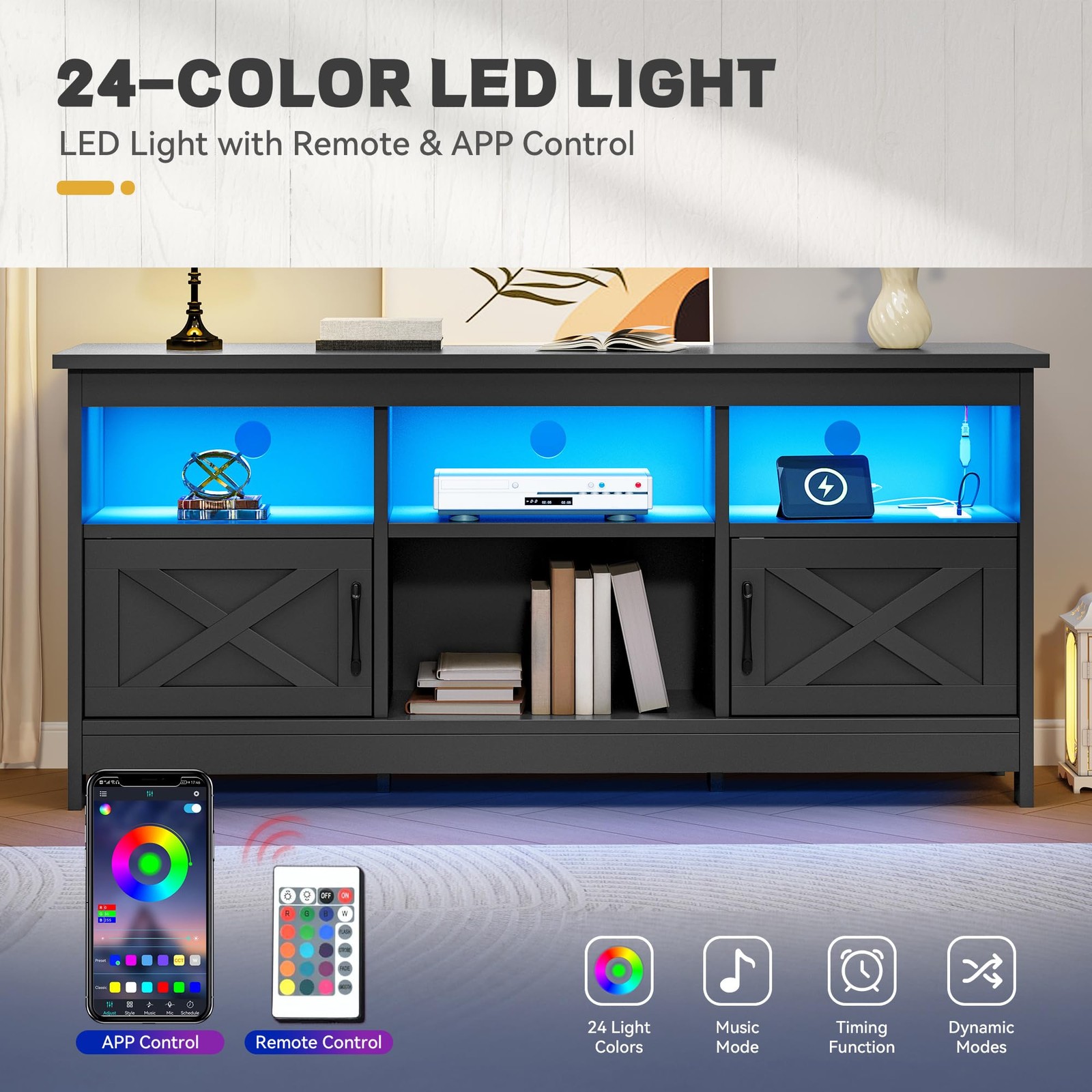 TV Stand 65 Inch Entertainment Center Storage Power Outlet LED Black YITAHOME gallery