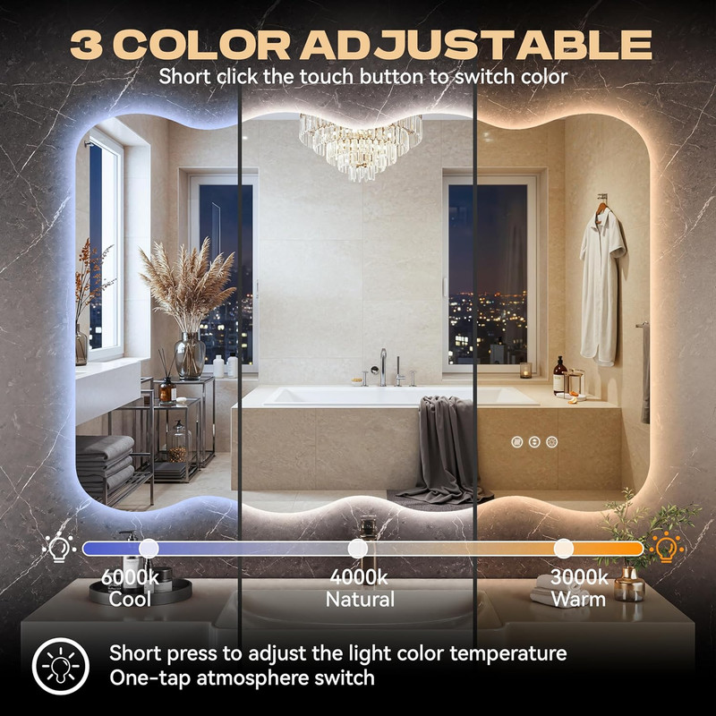 Dimmable LED Wavy Full Length Mirror - 40"x32" Frameless Floor/Wall Mount gallery