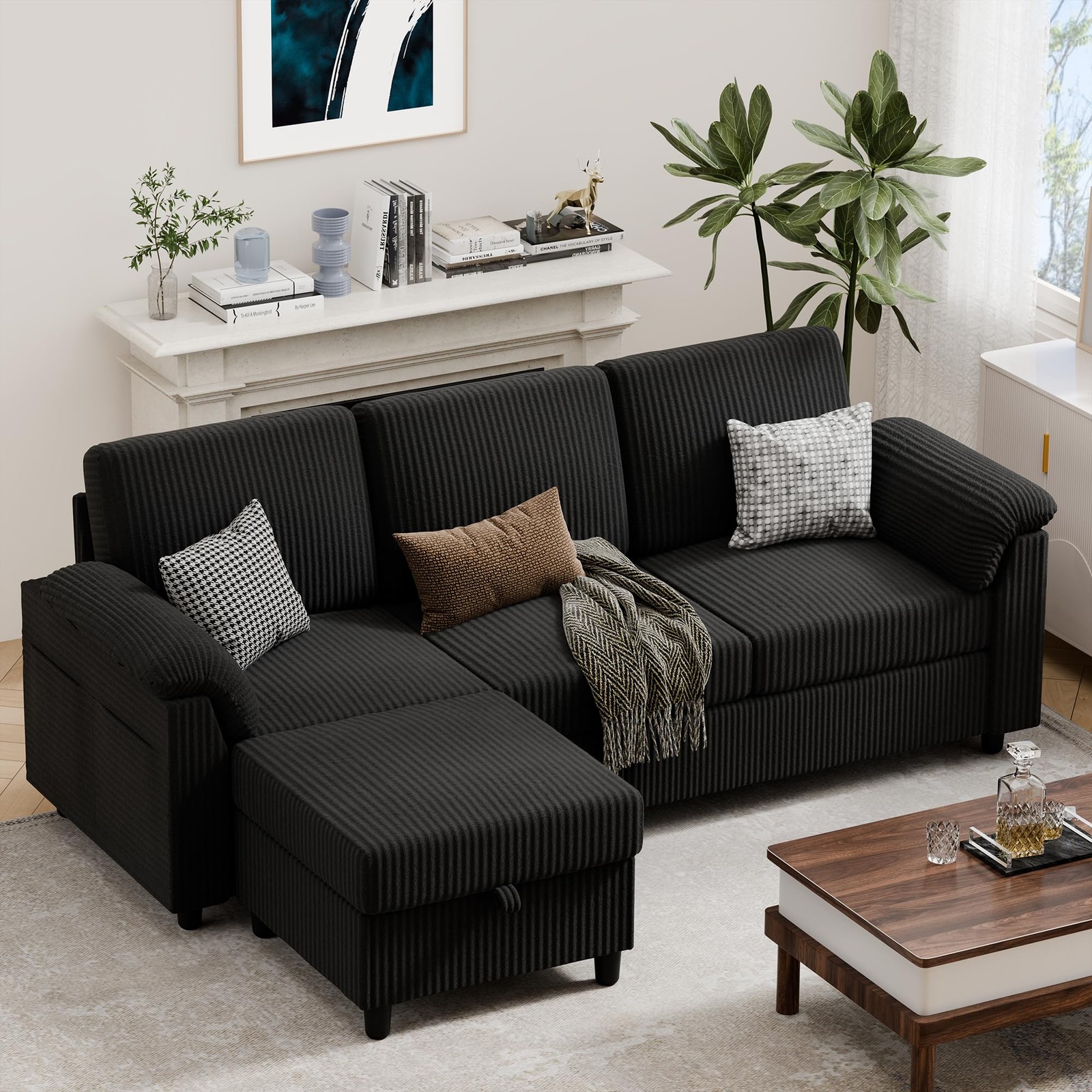 Vongrasig 79" Convertible Sectional Couch Sofa with Storage Ottoman, 3 Black gallery