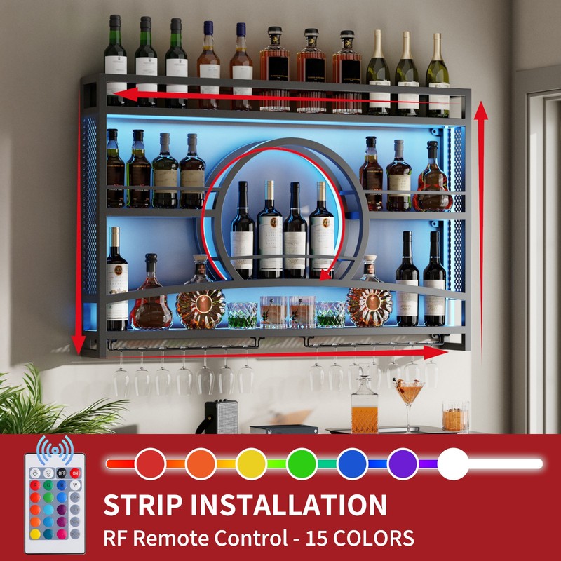 3-Tier Fully Assembled Wine Rack Wall Mounted LED Lighted Liquor Display Shelf gallery