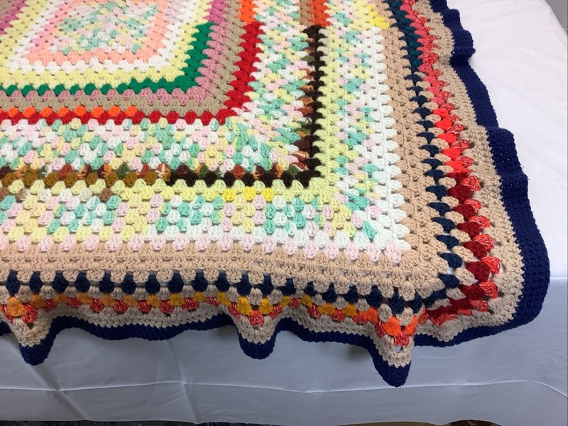 Boho handmade Crocheted Granny Square Afghan 49”x 51” Double Bed Size Vintage gallery