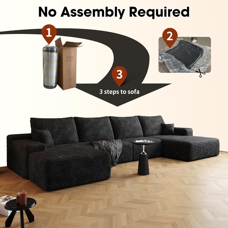 135"Boneless Couch Sectional Cloud Sofa Corduroy Left Facing Chaise with Ottoman gallery