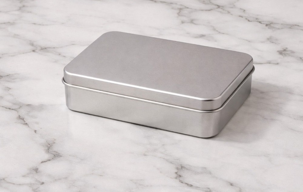5 NEW Rectangular Plain Tin Containers w/Lids FDA Approved 3.75x2.75x0.75