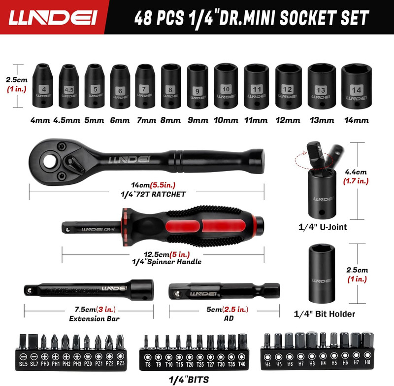 48 Piece 1/4 Inch Mini Socket Ratchet Wrench Set, Metric Shallow Socket (4-14Mm) gallery