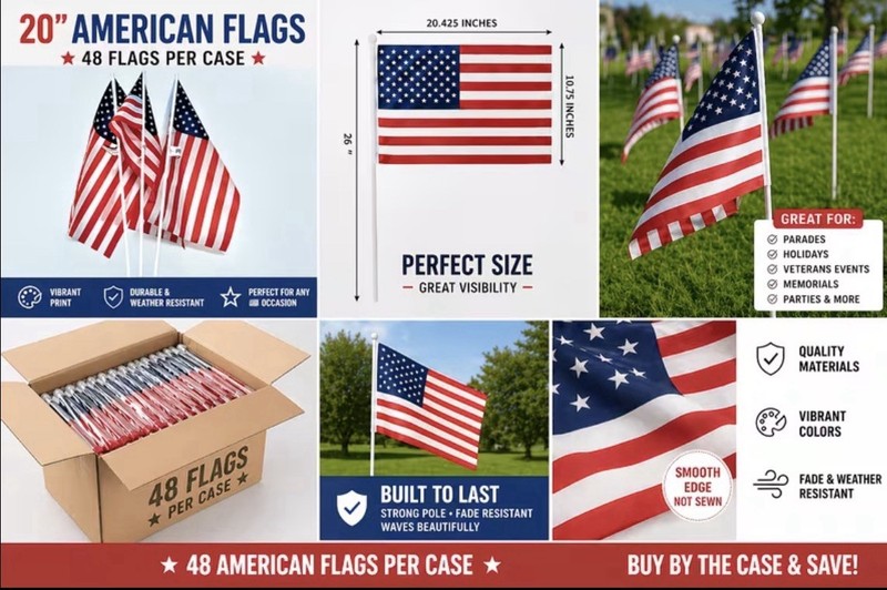 American Flag 20” X 10” Includes Display Box (48Flags) 26” Plastic Stick gallery