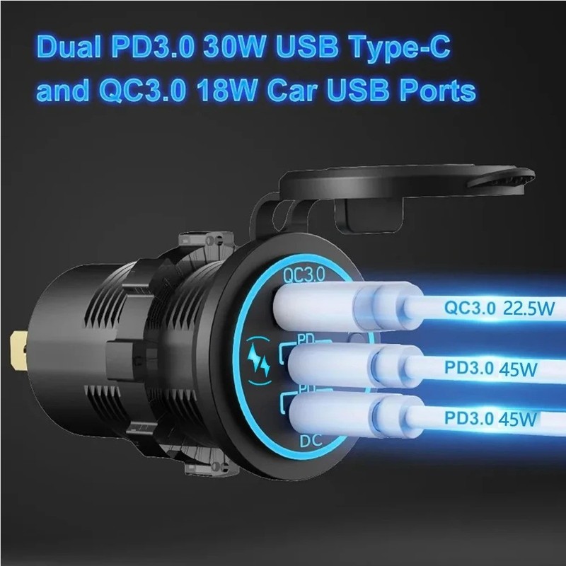 Car Charger Socket PD3.0 & QC3.0 Double USB C Ports Waterproof with LED Touch gallery
