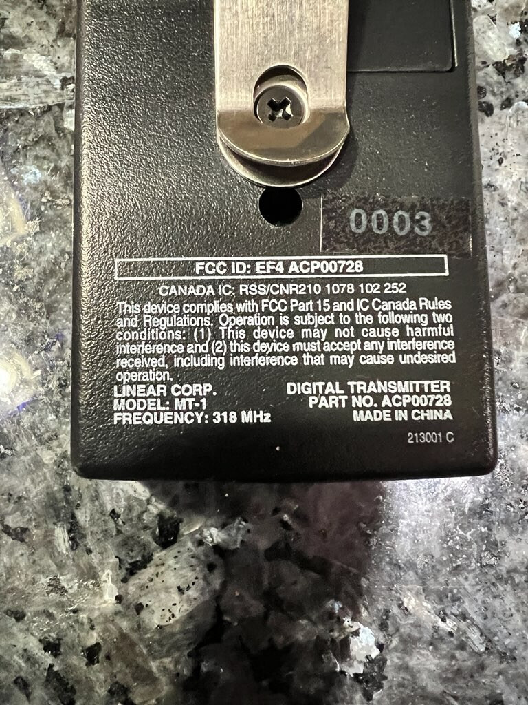 Linear Access Digital MegaCode Transmitter 1 Button (MT-1) Freq 318MHz gallery