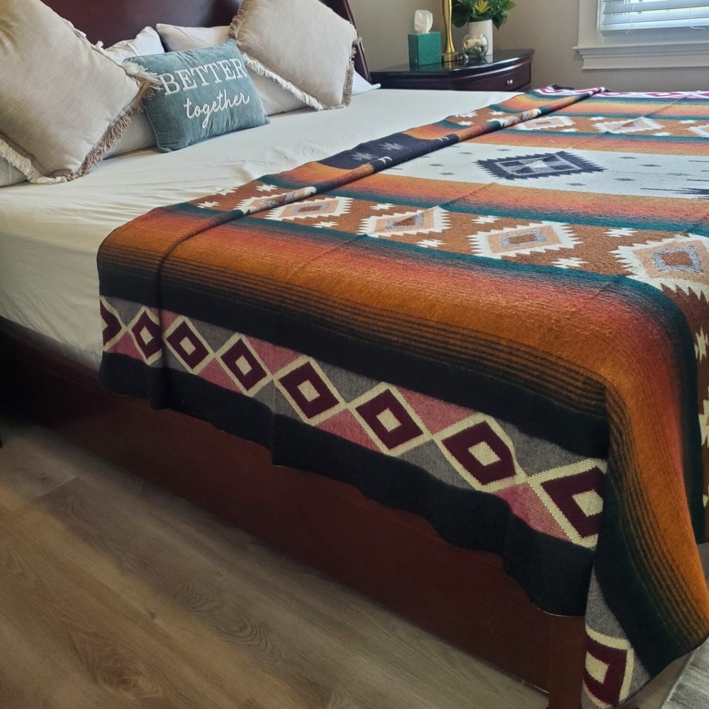 KING SIZE REVERSIBLE, ALPACA WOOL,MULTICOLOR BLANKET ECUADOR 74,8x91,33 in