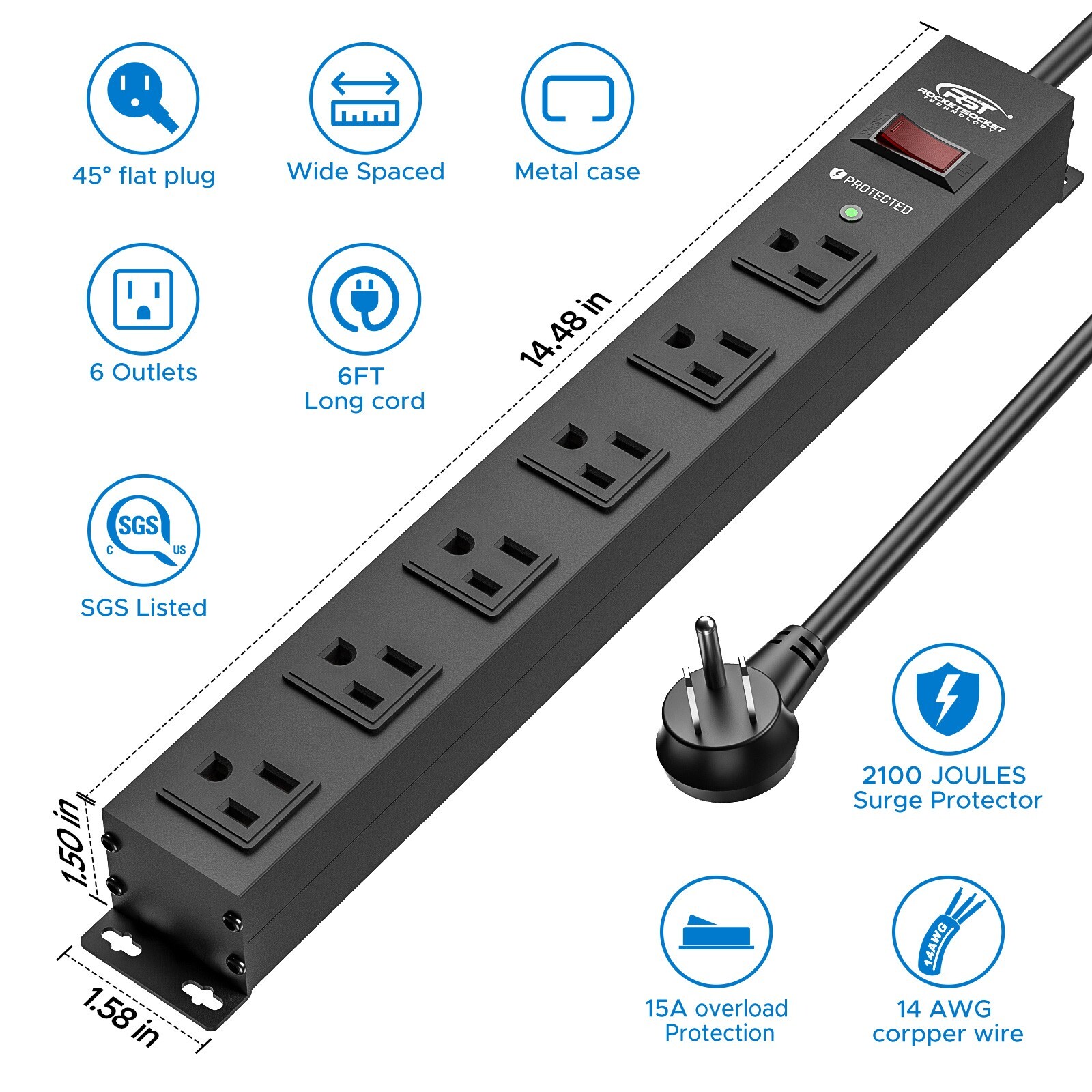 CRST 6-Outlet Heavy Duty Power Strip with Surge Protector, Mountable, 6 FT/14AWG gallery