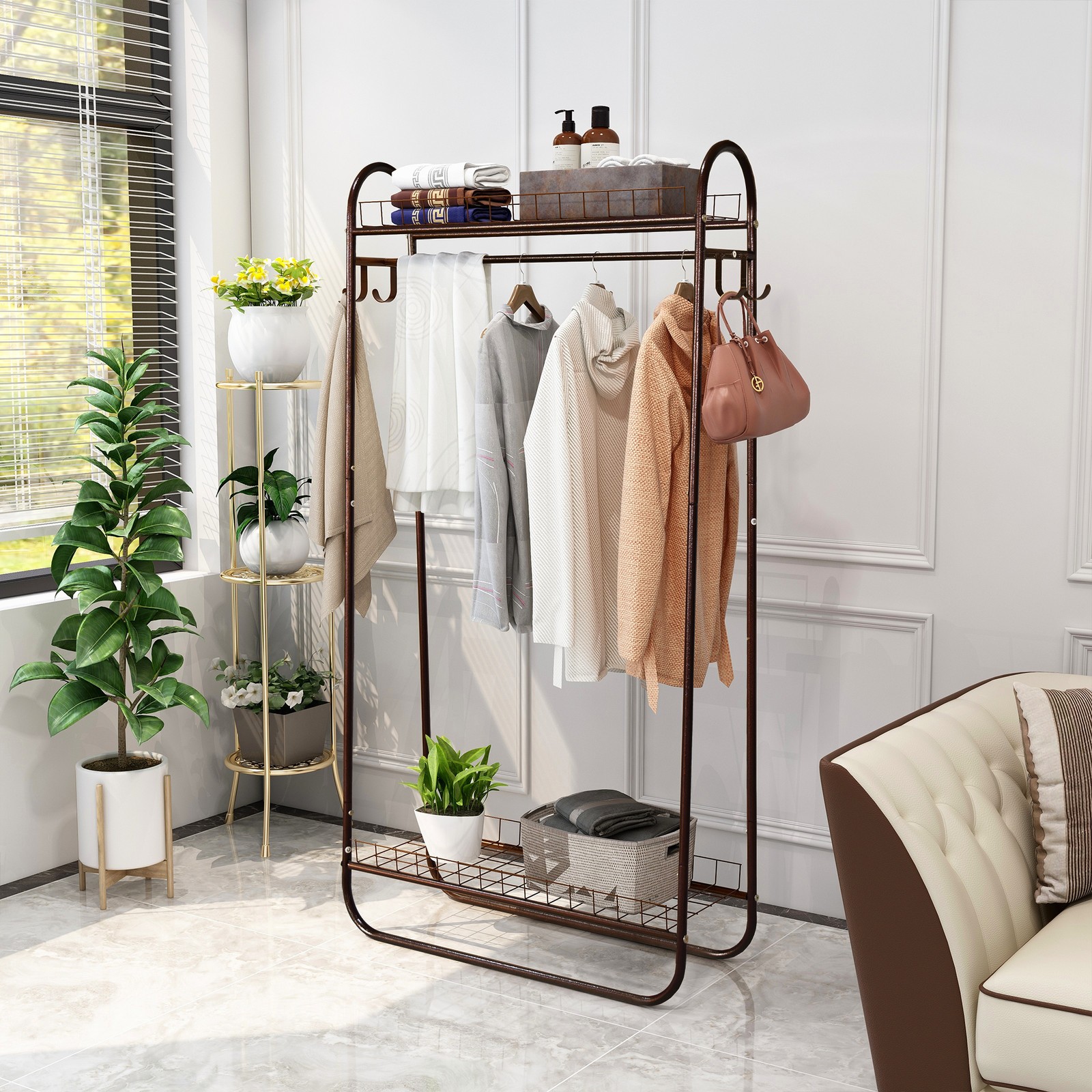 Portable Rack Freestanding Heavy Duty Clothing Rack Rolling Clothes Rack Brown gallery