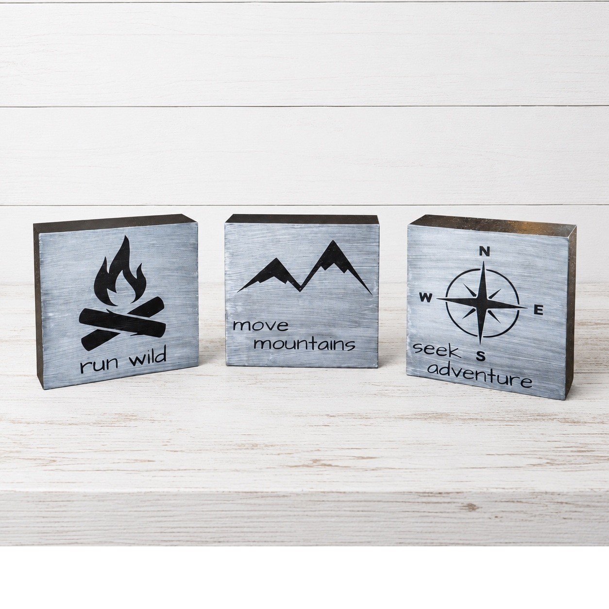 Rustic Wood Block Sign Set Campfire Mountains Compass Home Decor gallery