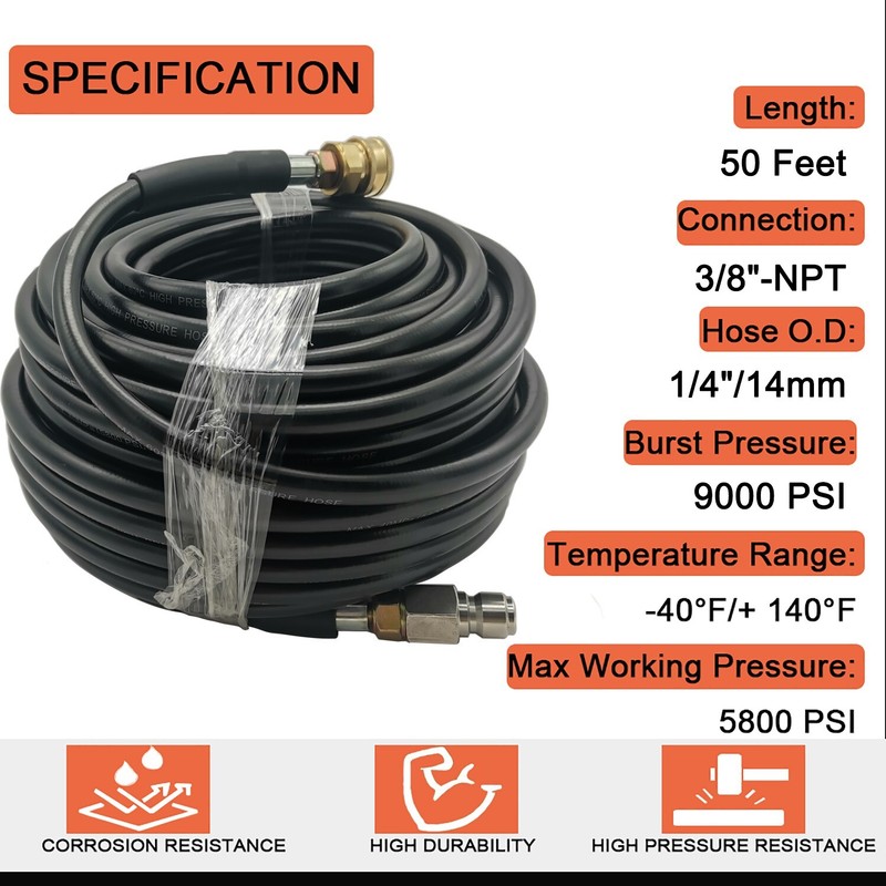 50FT 5800PSI Replacement High Pressure Power Washer Hose -3/8" Quick Connect gallery