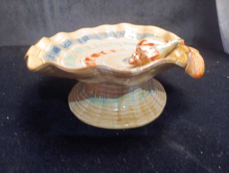 French Majolica Pottery Shell Oyster Footed Bowl Art Nouveau 10" Coastal Vintage gallery
