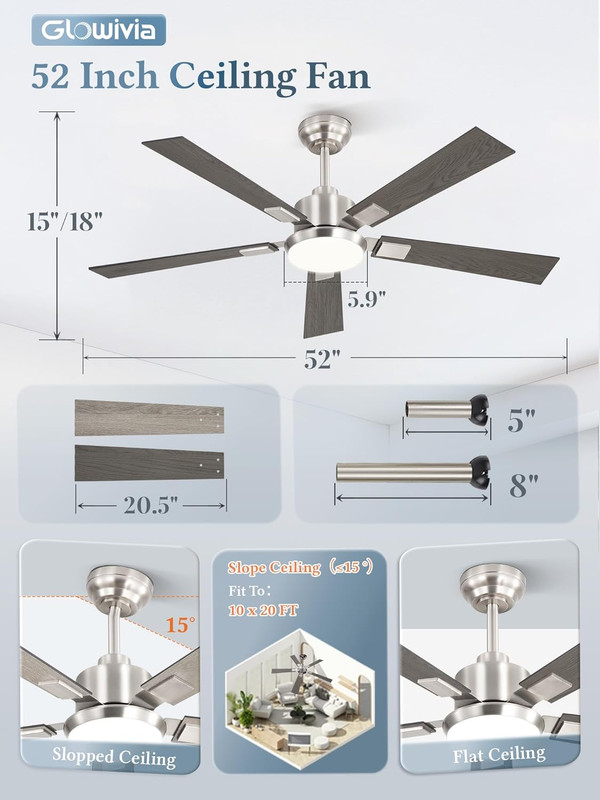 Smart 52" Ceiling Fan with Lights & Remote, Dimmable 3000-6000K, 6 Speeds gallery