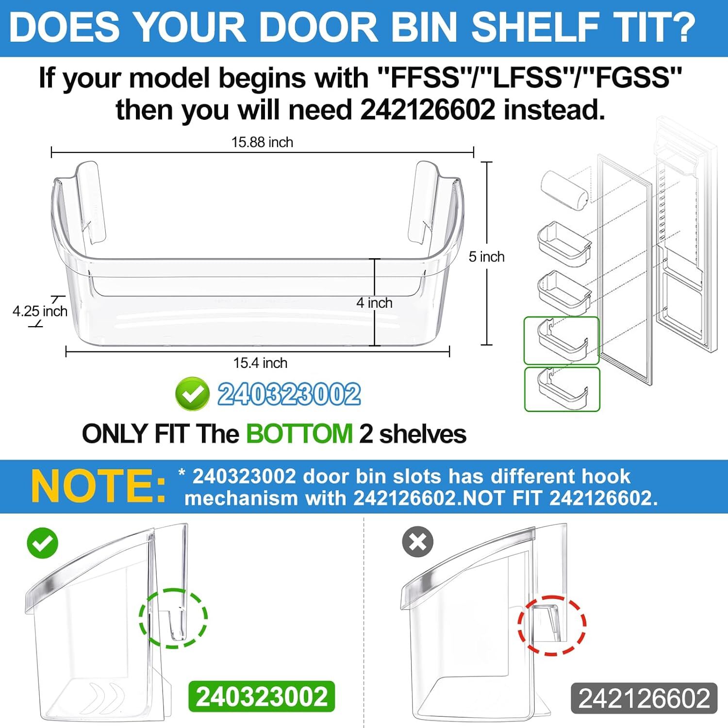 2 PACK 240323002 Refrigerator Door Bin Shelf Fit Frigidaire Door Shelf PS429725 gallery