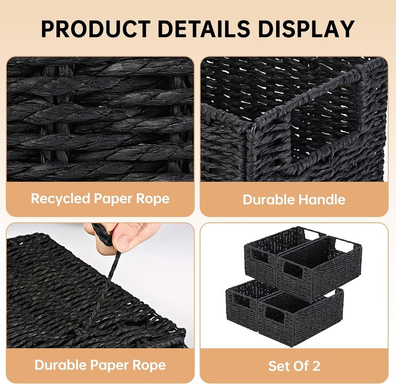 Set of 4 Wicker Storage Baskets Foldable Paper Rope Bins with Handles for Home gallery