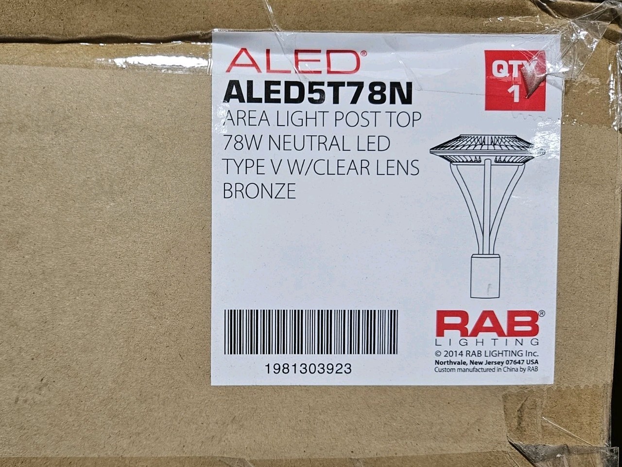 RAB ALED5T78N - 78 Watt - LED - Post Top Light Fixture - Bronze - New In Box gallery