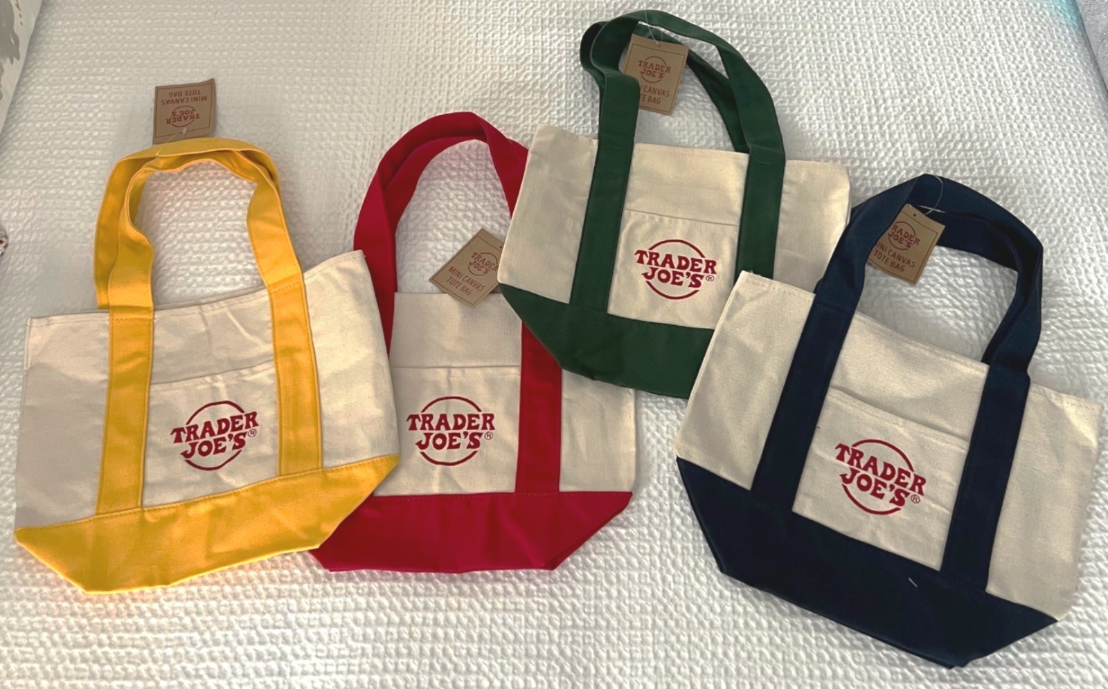 Trader Joe’s Mini Traditional Style Tote Bags Set of 4 –Blue, Green, Red, Yellow gallery
