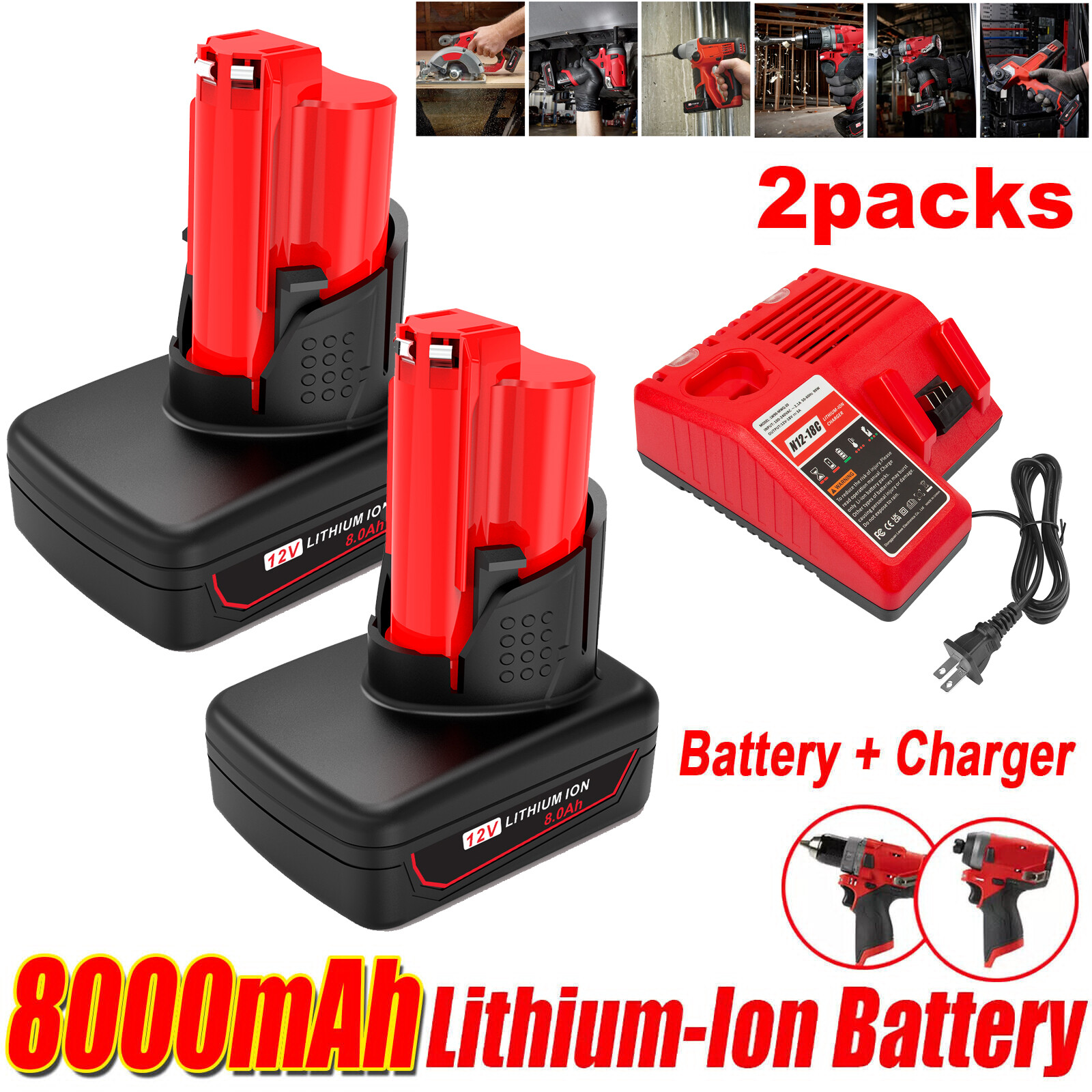 2PC 8.0AH Battery For Milwaukee for M12 Extended Capacity 48-11-2460 w/ Charger gallery