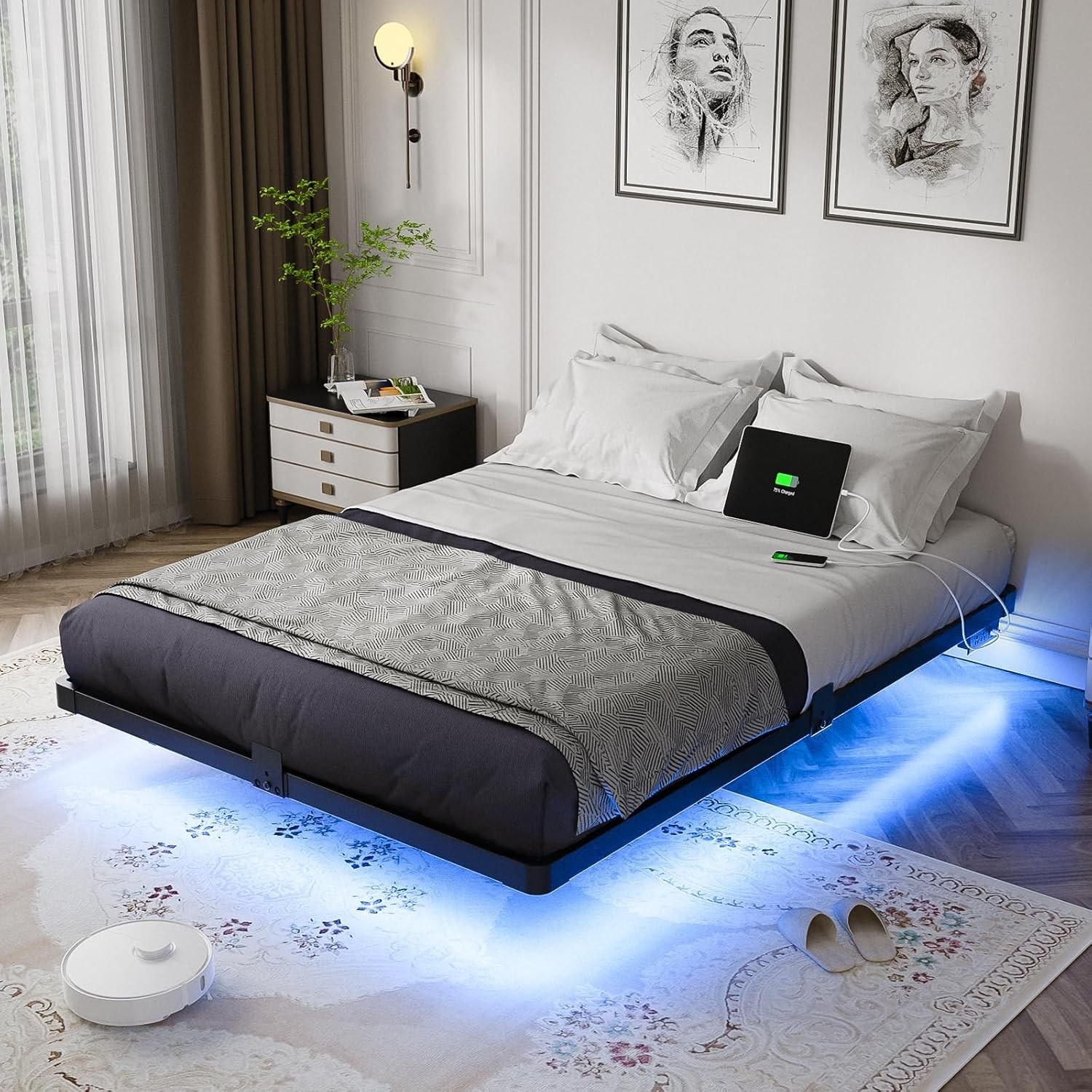 Full Size Floating Bed Frame with Smart LED Lights Charging Station Modern Metal gallery