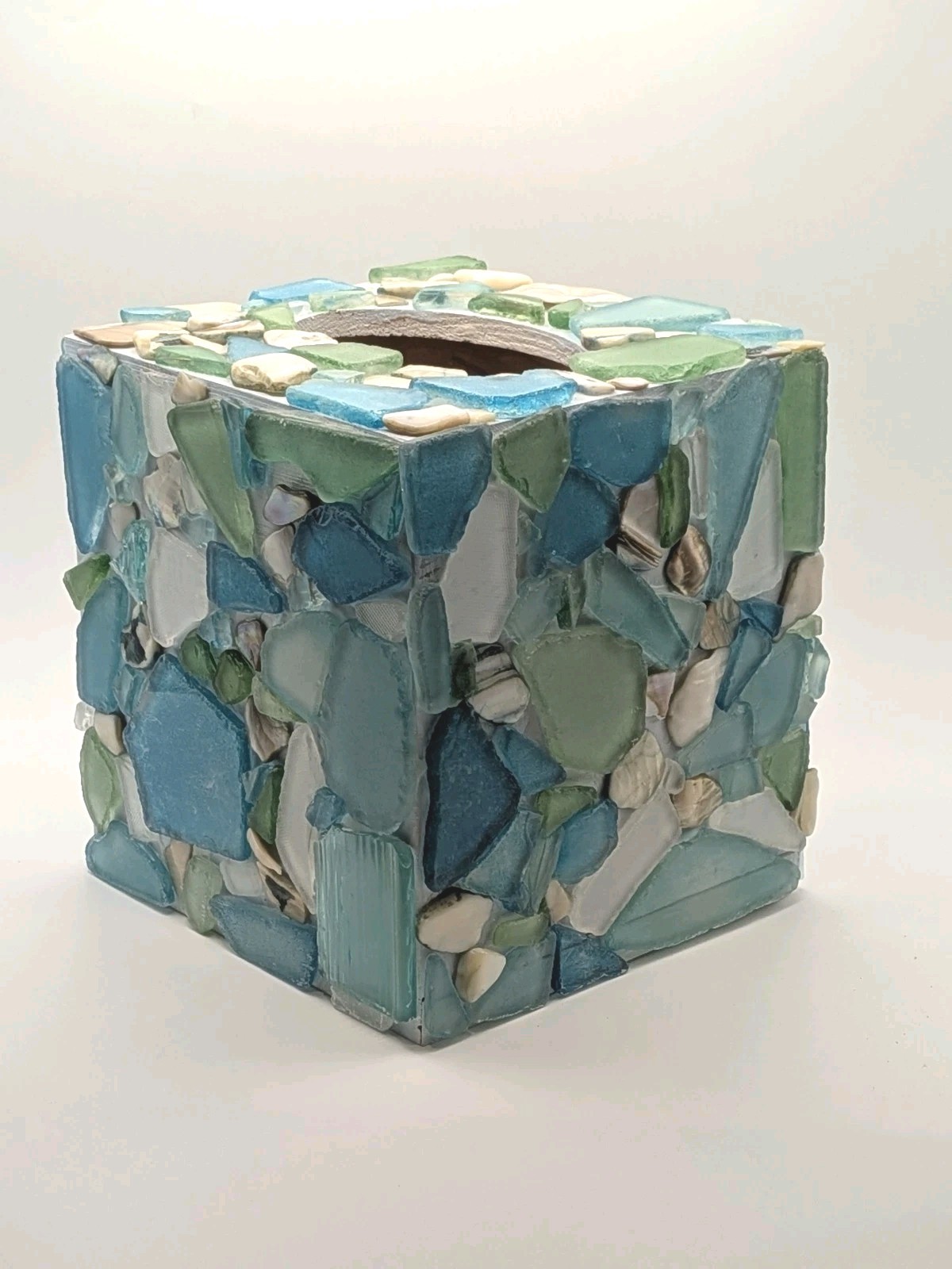 Handmade Sea Glass Mosaic Tissue Box Turquoise Sea Foam Green Wood Base 6" Tall gallery