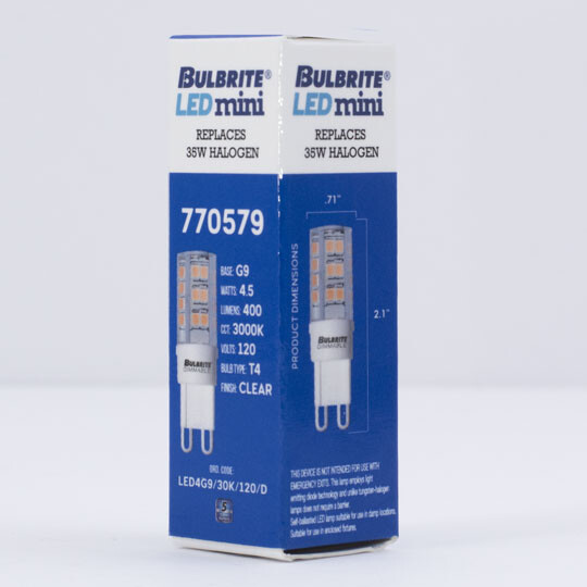 Bulbrite 770579 LED Specialty Mini Bulb 4.5W=40W 120V T4 2-Pin G9 Base Clear 30K gallery