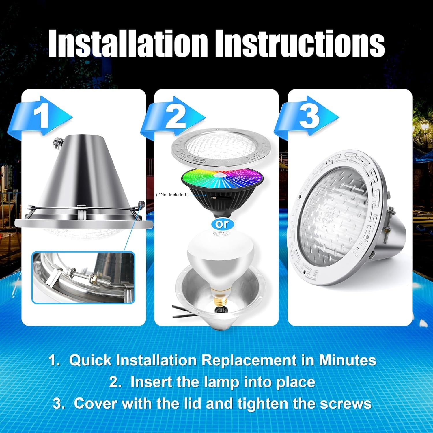 120V 10-Inch Waterproof Pool Light for Inground Pools – IP68 Rated, Includes 2 X gallery