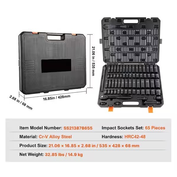 1/2" Drive Impact Socket Set, 65 Piece SAE 3/8" to 1-1/4" and Metric 10-24Mm, 6 gallery