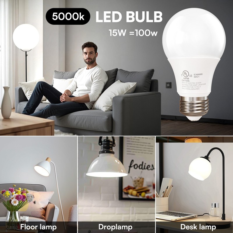 12 Pack A19 100W Equivalent Light Bulbs 1500LM 5000K Daylight E26 Non-Dimmable gallery
