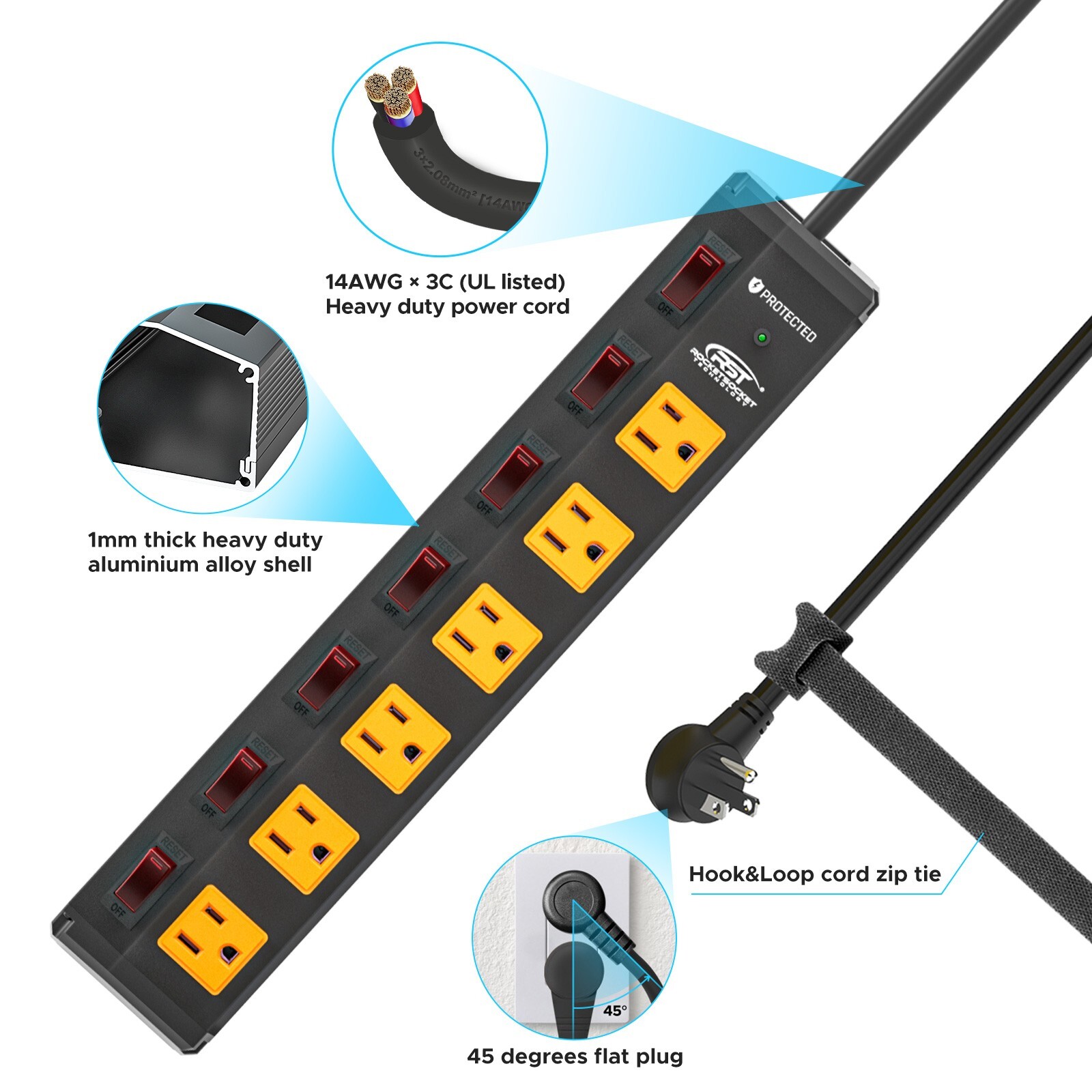 6 Outlet Heavy Duty Power Strip Surge Protector 1225J 15ft Cord & 15A Breaker gallery