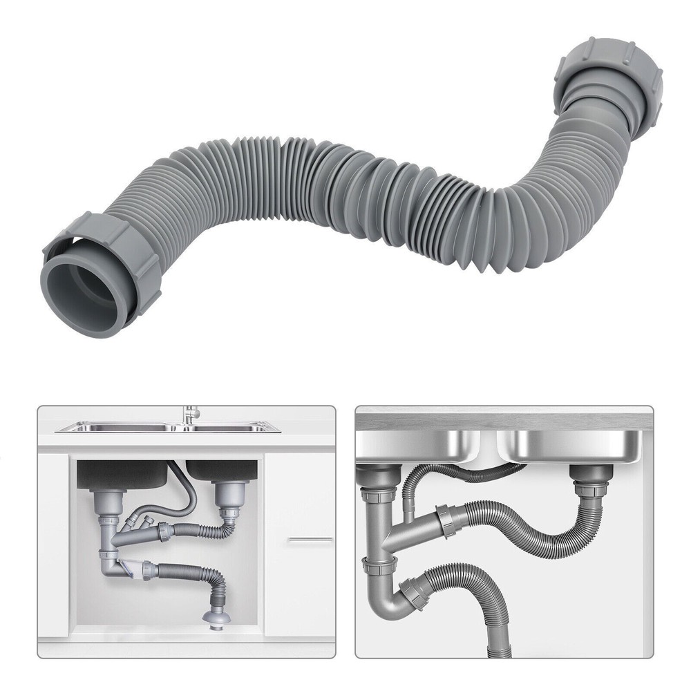 Grey Flexible Sink Drain Pipe Basin Water Drain Hose Tube Kit with 2 Gaskets