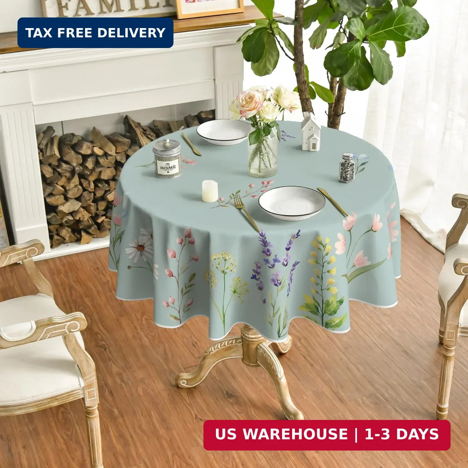 Horaldaily Spring Tablecloth 70×70 Inch Round, Watercolor Wild Flowers Blooming gallery