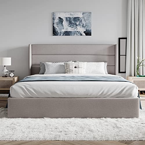 SHA CERLIN Queen Size Lift Up Storage Bed/Modern Wingback Headboard/Upholstered gallery