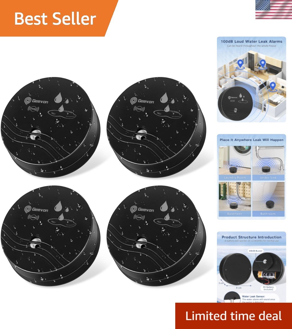 Compact 100dB Water Leak Detector Alarms - 4 Pack for Home & Basement Protection gallery