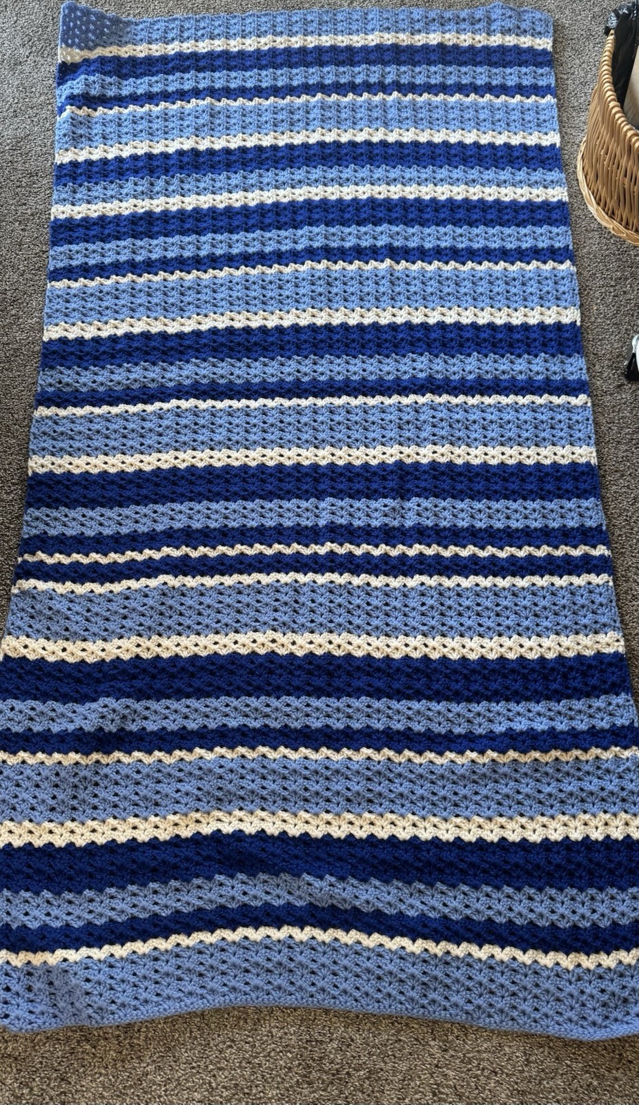 Handmade Crocheted Blue & White Striped Throw Blanket 36 x 70 Rectangular gallery