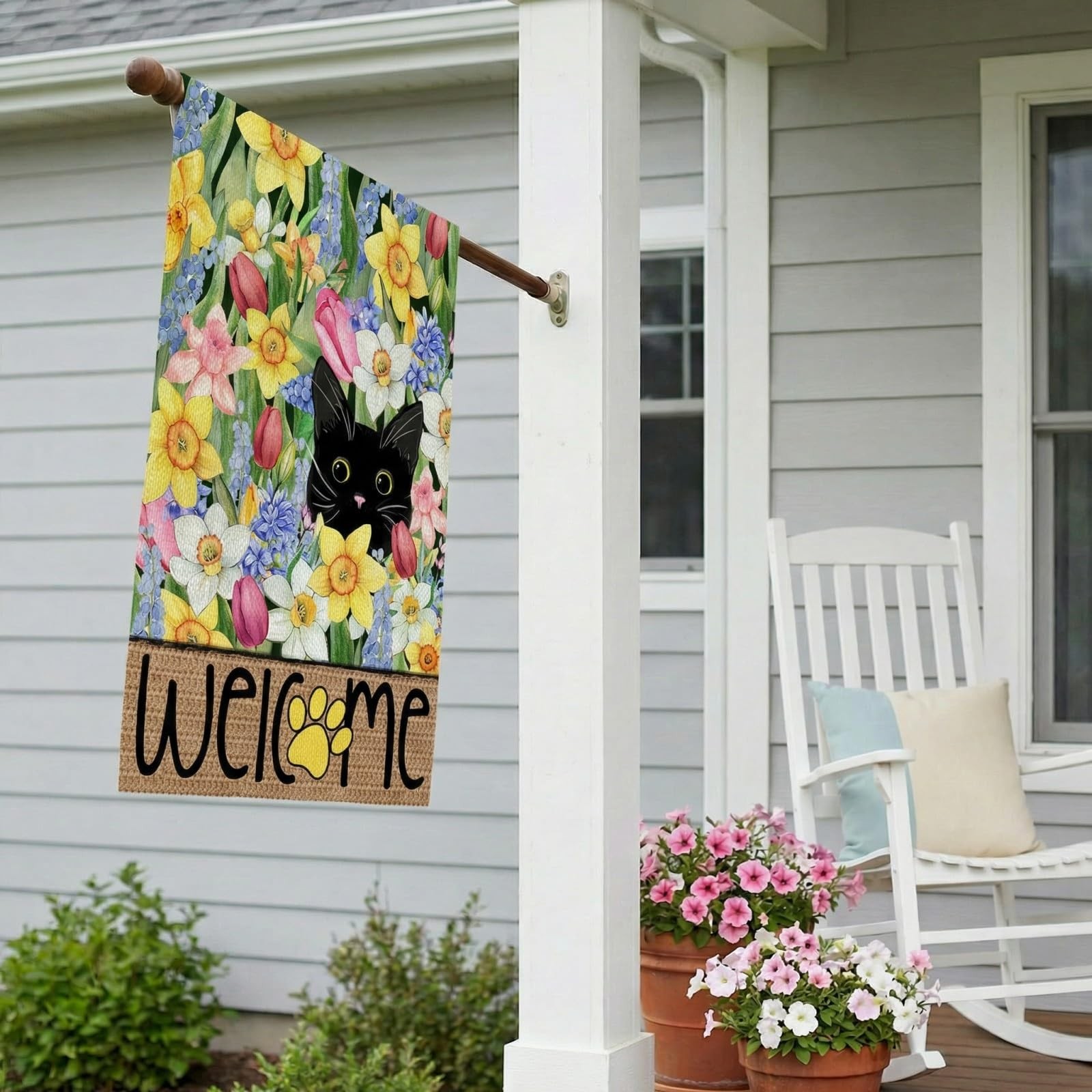 Spring Summer House Flag Black Cat Double Sided 28X40 Inches Large Burlap Welcom gallery