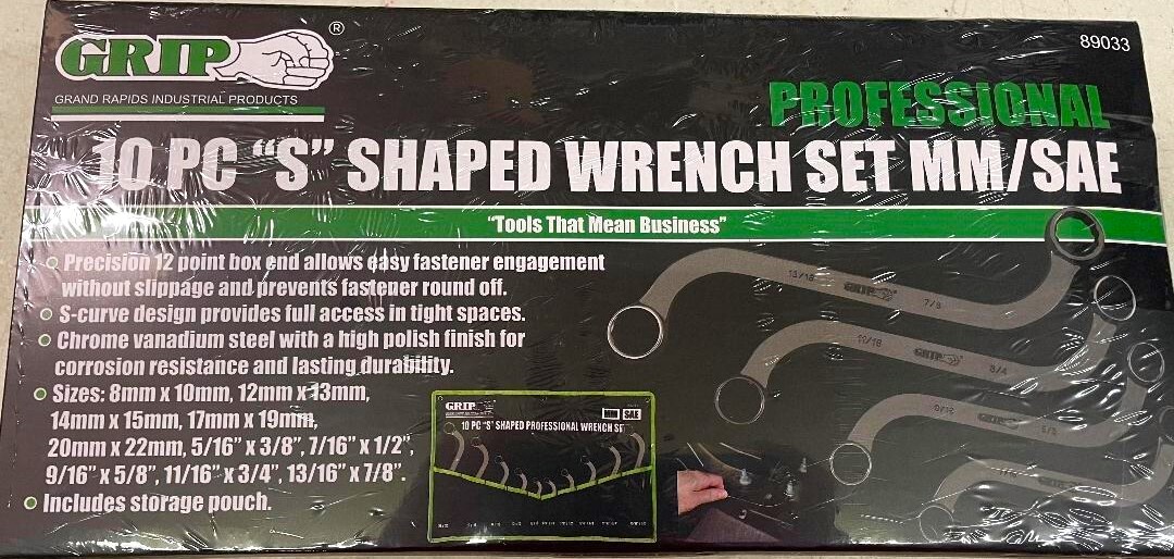 GRIP 10pc S Shaped Box End Wrenches 12pt SAE MM Curved Obstruction Set 89033 gallery