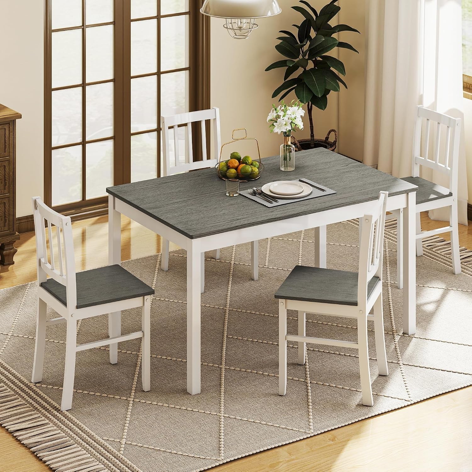5-Piece Dining Table Set for 4, Solid Wood Farmhouse Rectangular Kitchen Table gallery