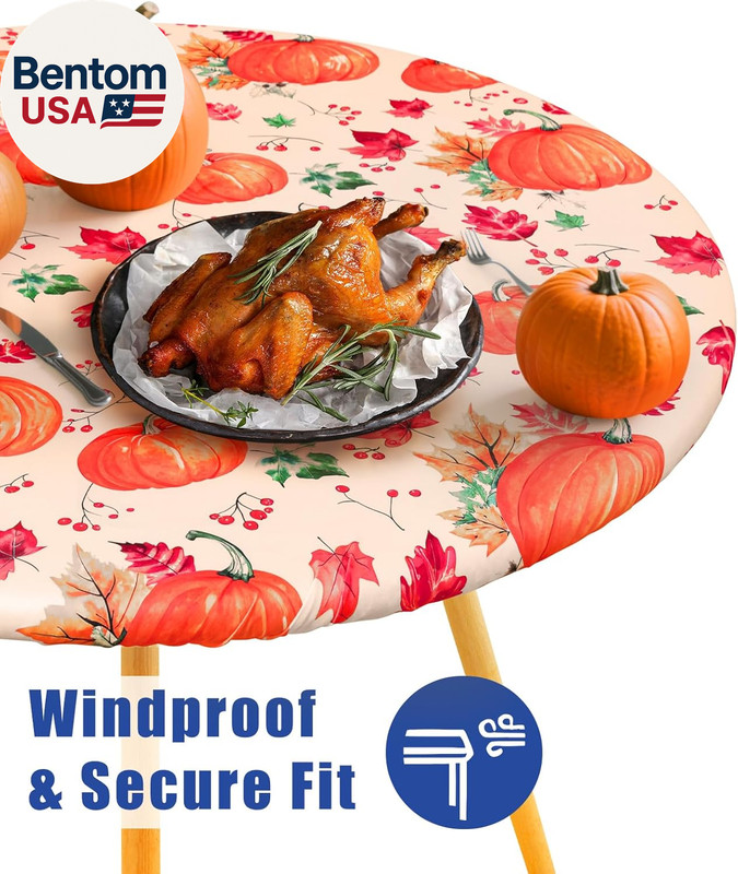 Round Spandex Thanksgiving Tablecloth, Elastic Fitted Waterproof Tablecloths for gallery