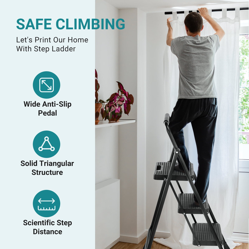 CONCETTA 3 Step Ladder, Folding Step Stool with Anti-Slip Pedal 800lbs Capacity gallery