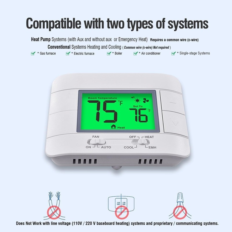 Non-Programmable Heat Pump Thermostat For House 2 Heat/1 Cool, With Temperature gallery