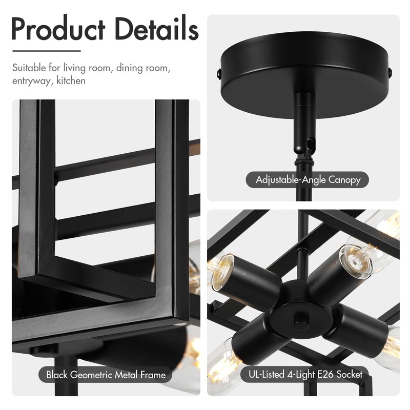 Modern Black Semi Flush Mount Ceiling Light Fixture 16.5", 4-Light Industrial... gallery