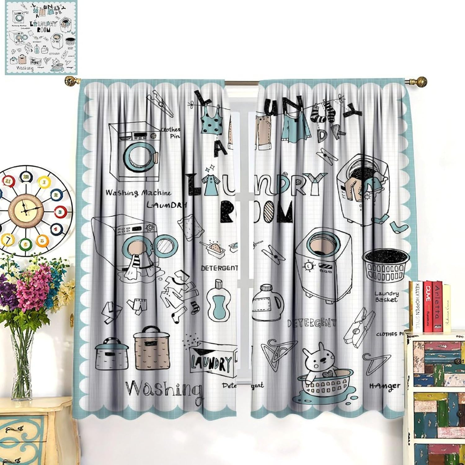 Laundry Curtain,Laundry Room Curtain Wash Dry Fold Repeat Pattern Print Decor Ro gallery