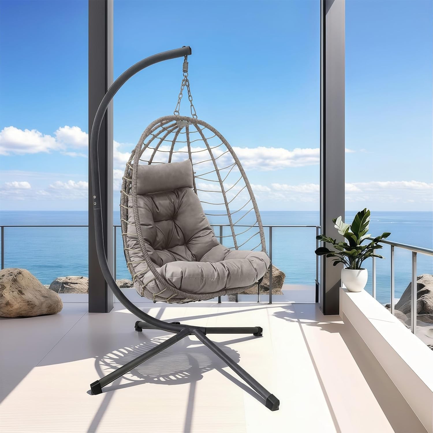 Hanging Egg Chair with Stand, Outdoor Wicker Patio Swing, Foldable Hammock Chair gallery