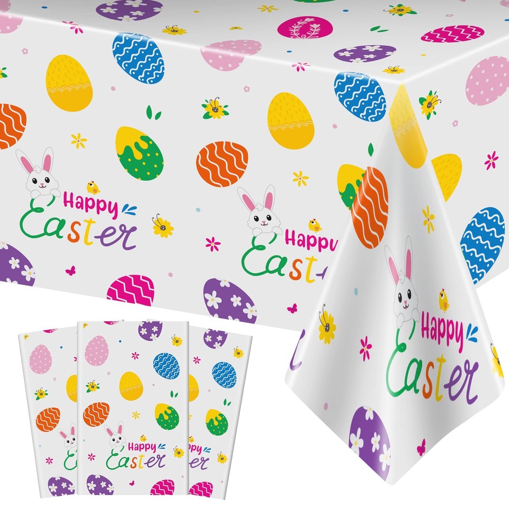 3 Pcs Easter Tablecloth-Happy Easter Bunny Table Cover, Disposable Plastic Re...