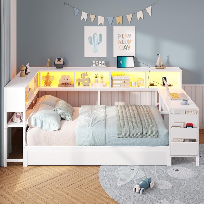 Twin Corner Bed Frame Daybed with Desk,Bookcase Storage,Charging Station, gallery