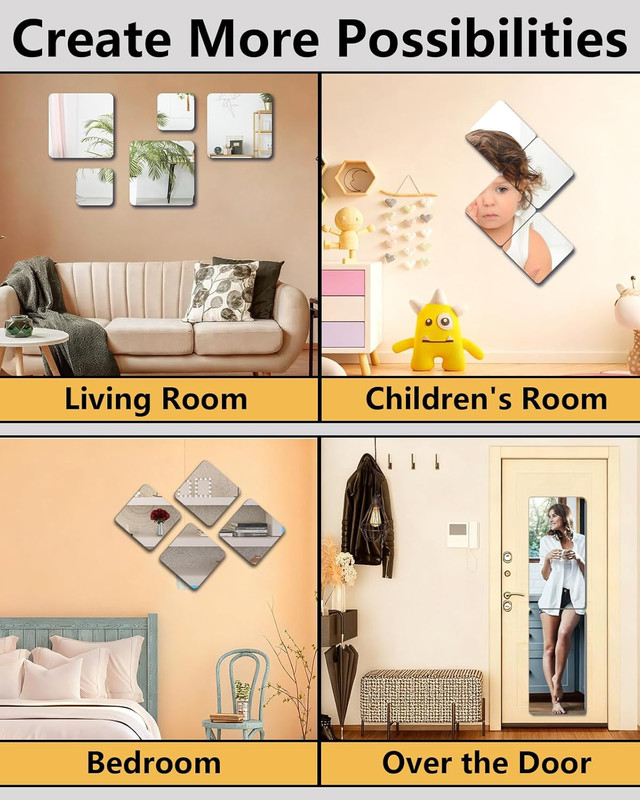 Full-Length Shatterproof Wall Mirror Set, 12x12 Inch, 4 Pcs, Safe for Kids gallery