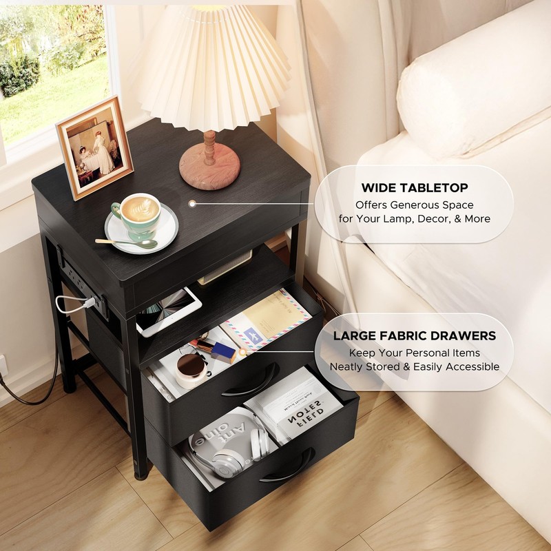 Nightstand Hidden Drawer Charging Table - with Charger Station and Sliding Top gallery