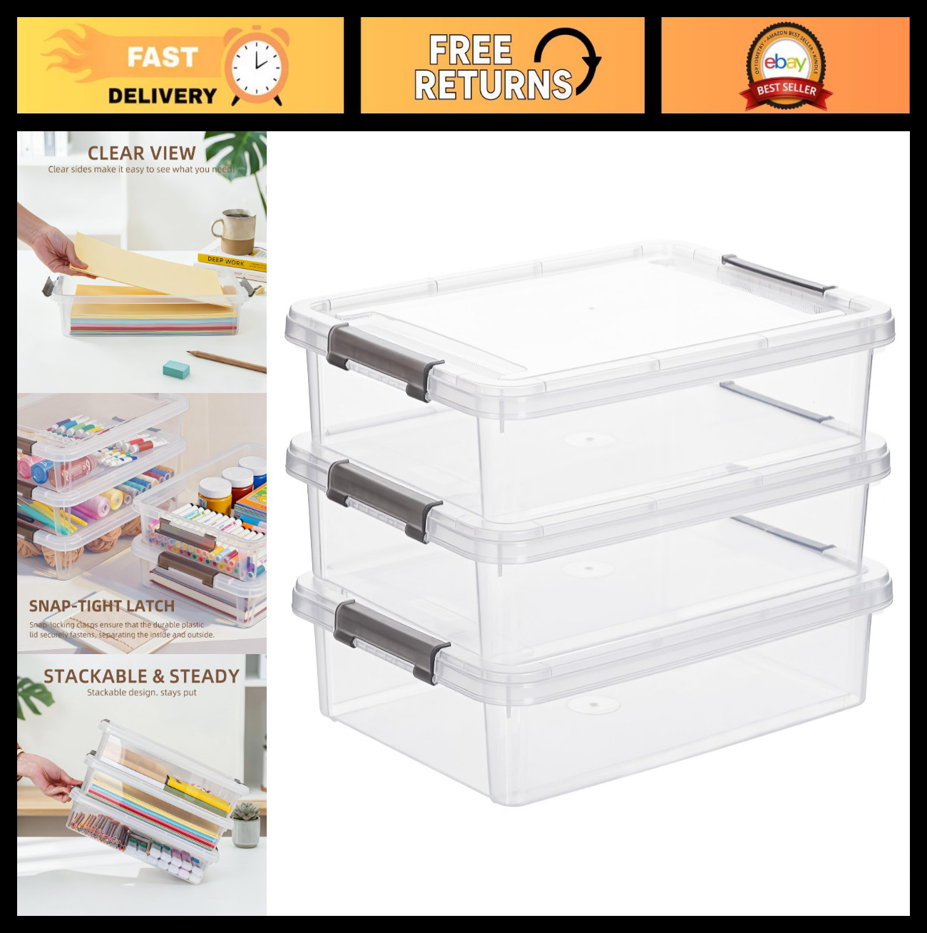3 PCS Clear Plastic Storage Bins with Latching Lids - Stackable Organizing Conta gallery