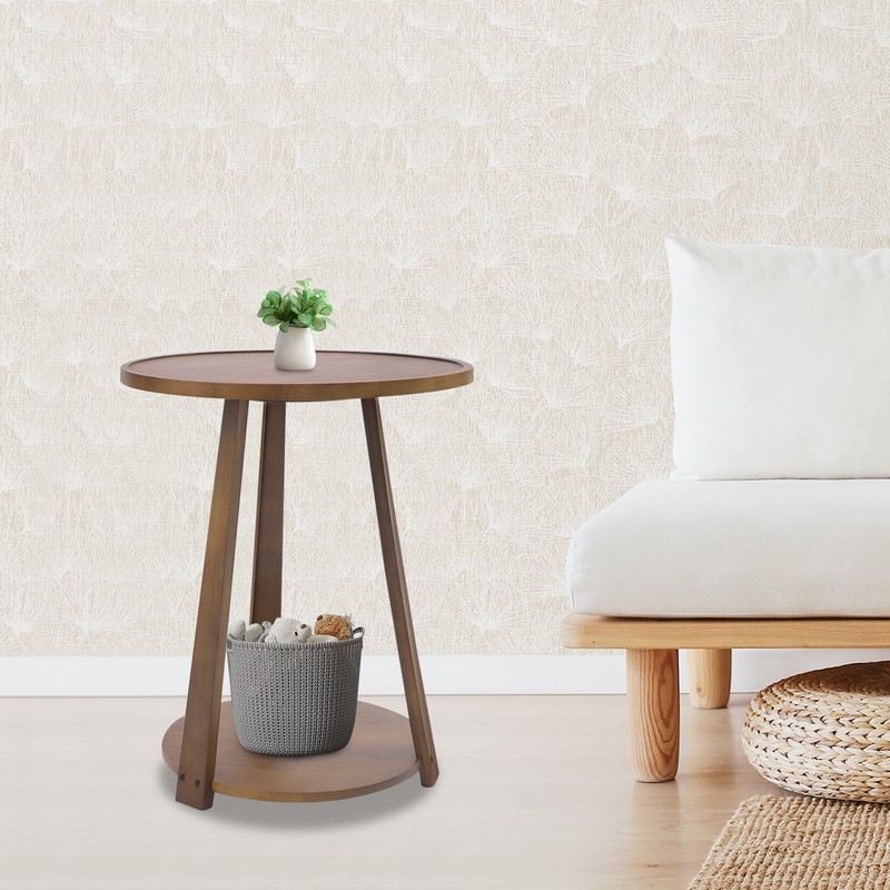 25kg Capacity Round Side Table 2-Tier Home Side Table Rubberwood Couch End Table gallery